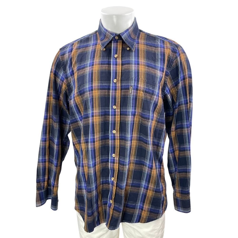 Barbour Men's Blue Orange Plaid Check Long Sleeves Button Down Shirts Top Size M